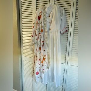 White Dress Indian with Embroidered Scarf